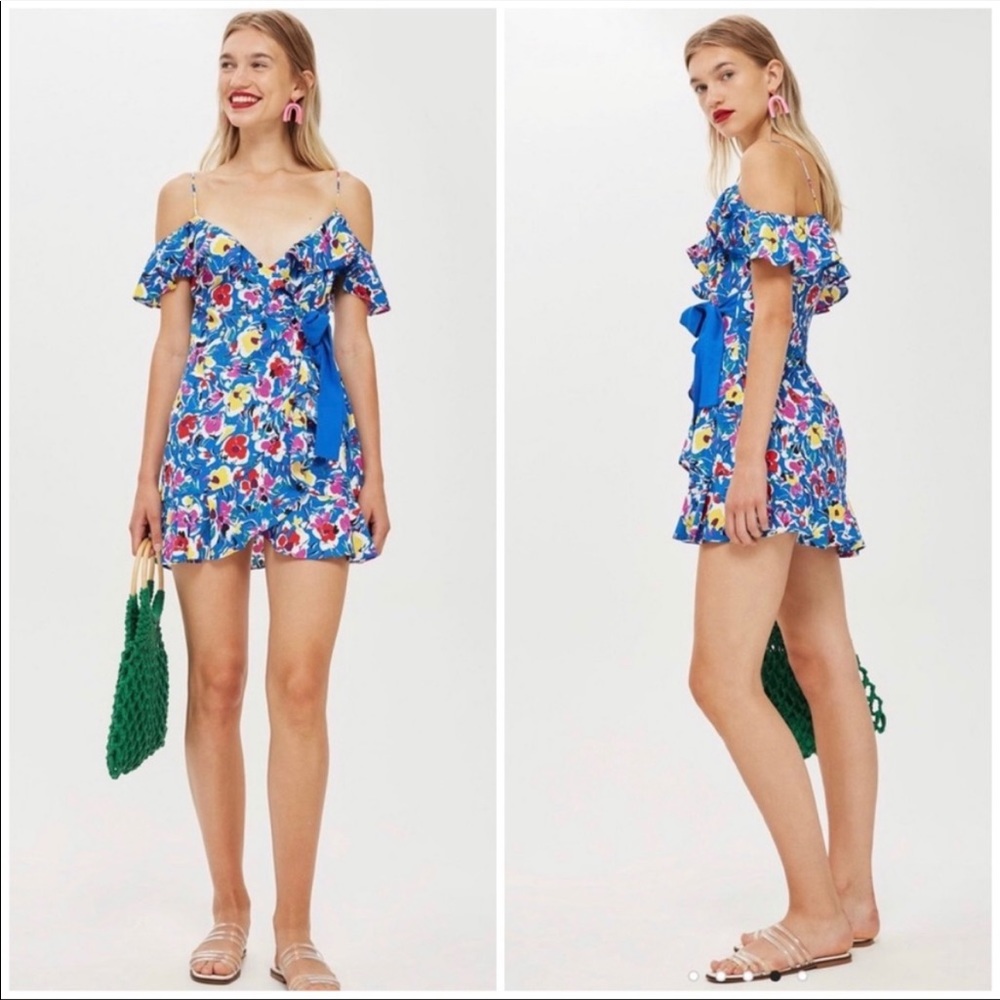 Topshop Blue Floral Strappy Wrap Mini Dress